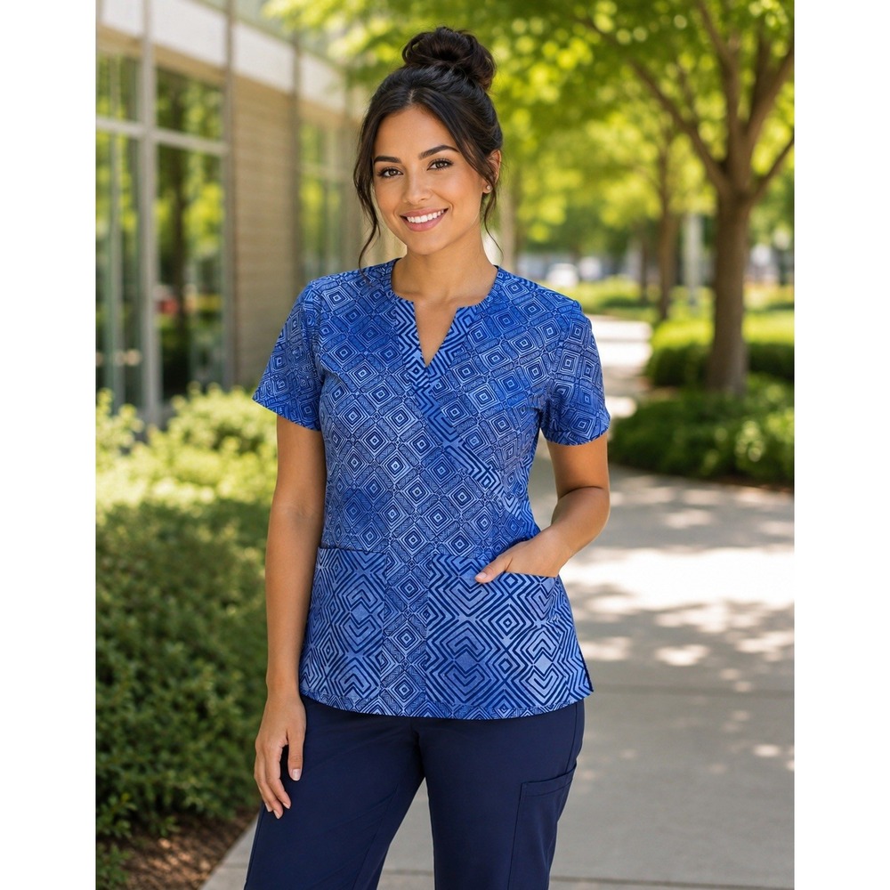NRG by Barco Blue Geometric Diamond Mock Wrap Scrub Top 41269 Womens XS NEW